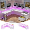 thumbnail image 1 of L Shaped Desk with LED Lights, Corner Computer Desk with File Drawer and Power Outlet, Gaming Desk for Home Office, White, 1 of 8
