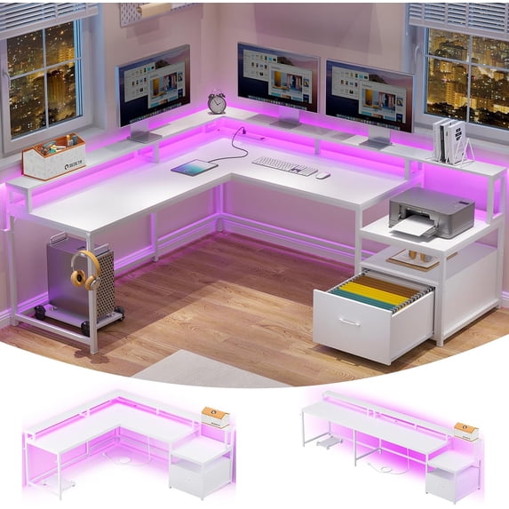 L Shaped Desk with LED Lights, Corner Computer Desk with File Drawer and Power Outlet, Gaming Desk for Home Office, White