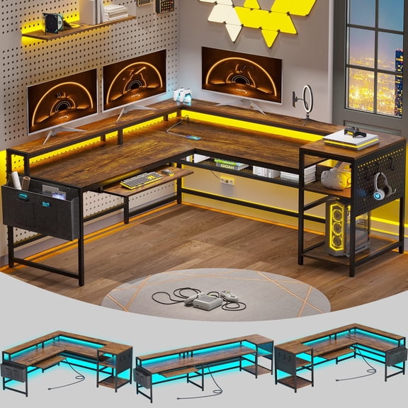 L-Shaped Desk with LED Strips & Charging Station, 2 Person Computer Desk with Storage Shelves & Monitor Stand, Rustic Brown