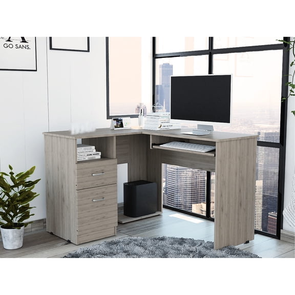 L-Shaped Desk with Left Return | Against Wall Setup, Single Shelf | Particle Board Structure, Metal Handles | Secure Keyboard Keeping