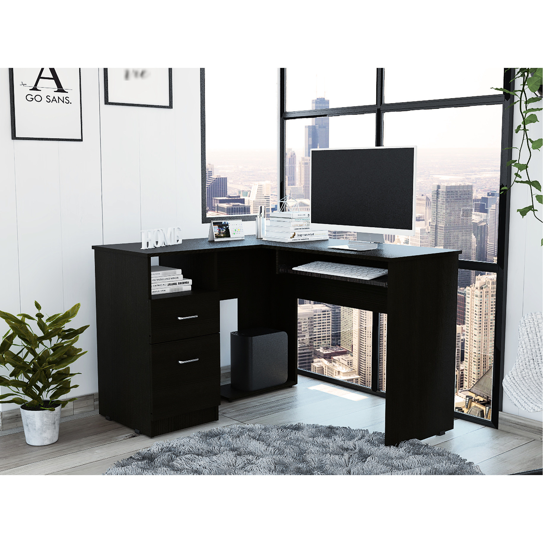 Left Return Desk L-Shaped Desk with Left Return and Keyboard Tray for Wall Placement ...