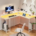 thumbnail image 1 of Gaming Desk with LED Light, L Shaped Computer Desk with Outlets, Corner Office Desk, L Desk, Monitor Stand, Hooks and Shelves in White, 1 of 7