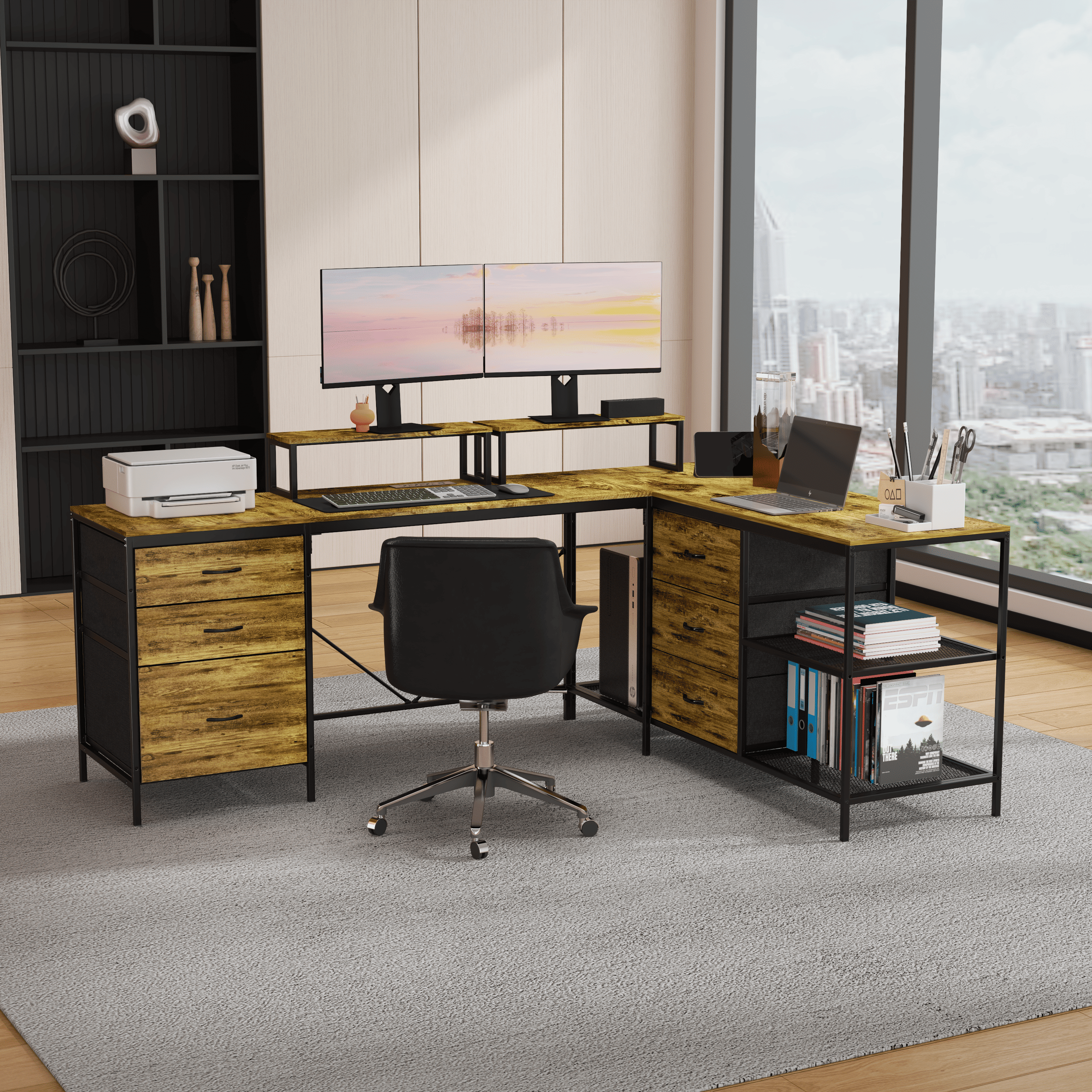 L-Shaped Desk with Power Hub, 114 in Convertible Corner Gaming Desk, 6 Drawers, 3 Shelves, Adjustable Monitor Stands, Steel Frame Home Office Table