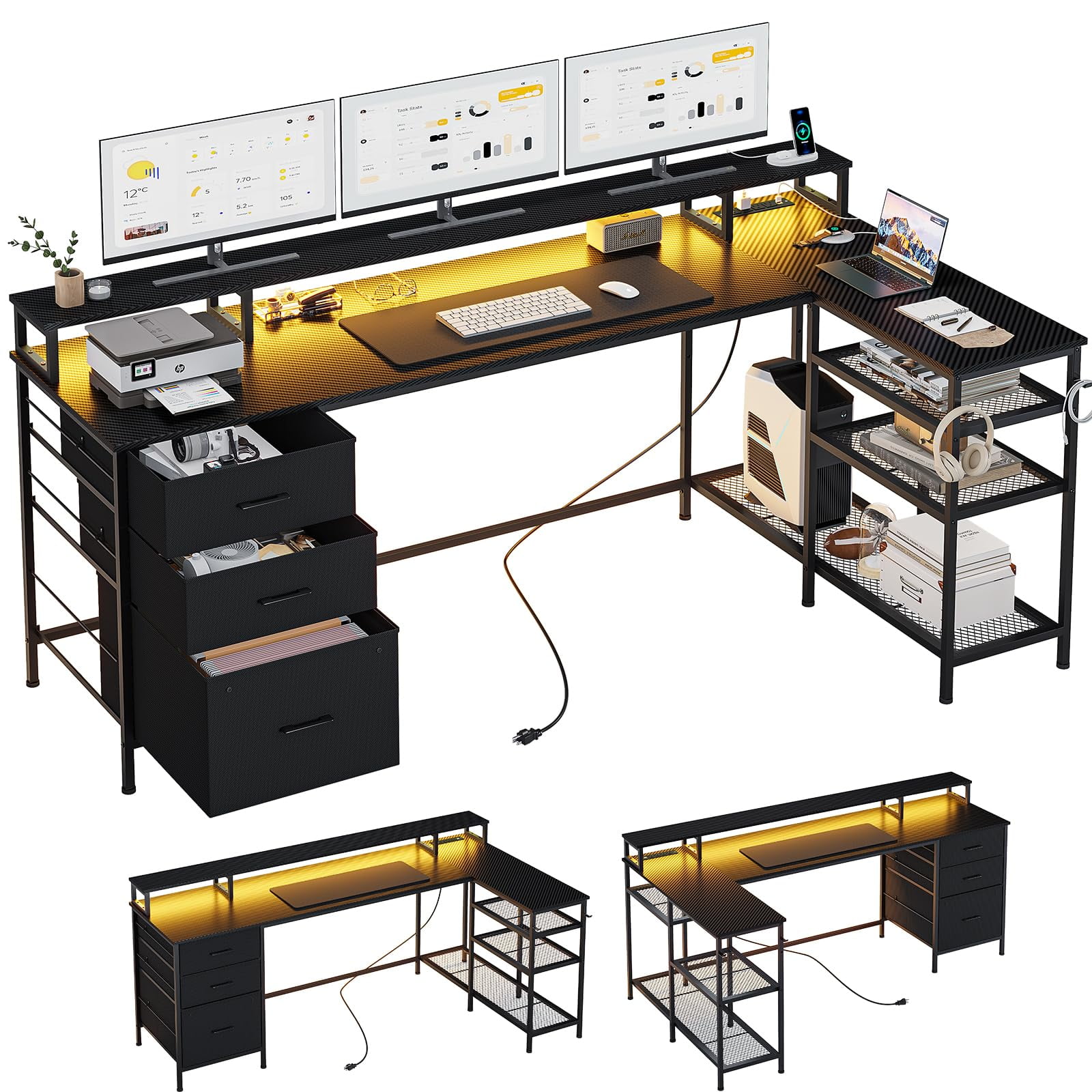 L Shaped Desk with Power Outlet, Reversible Computer Desk with LED