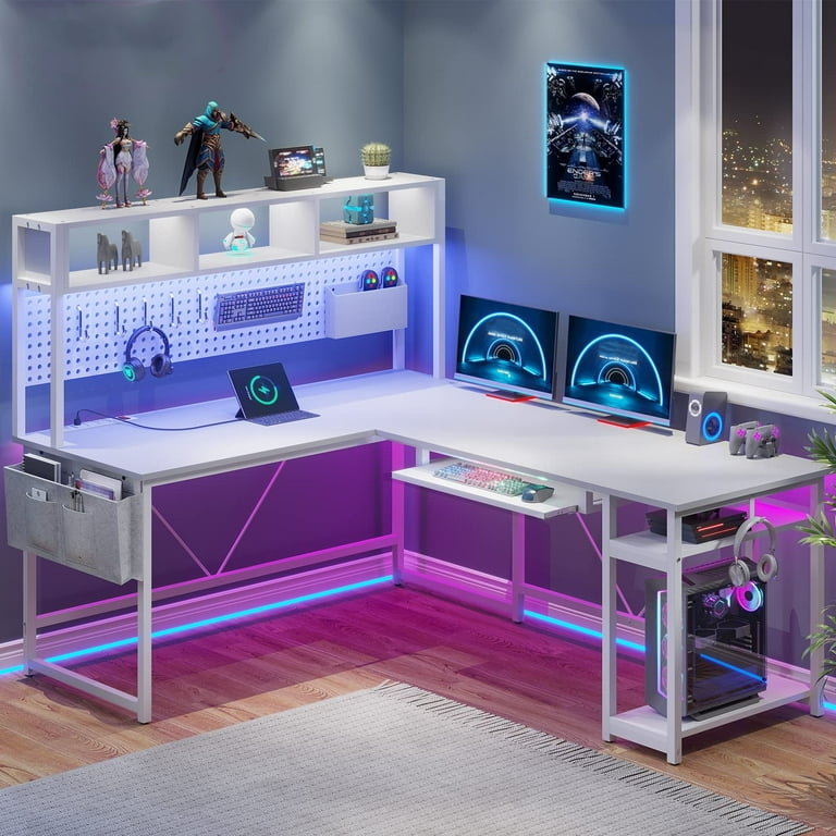Corner L Shaped Desk with Hutch LED Light Power Outlet Gaming Features Storage Keyboard Tray White Walmart
