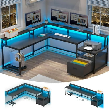 L Shaped Desk with Power Outlet and LED Lights, Computer Desk with File Drawer, Study Writing Desk Workstation for Home Office, Black