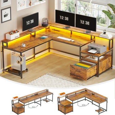 L Shaped Desk with Power Outlet and LED Lights, Corner Computer Desk with File Drawer for Home Office,  Gaming Desk,  Rustic Brown