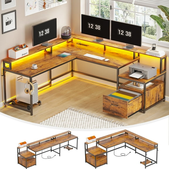 L Shaped Desk with Power Outlet and LED Lights, Corner Computer Desk with File Drawer for Home Office,  Gaming Desk,  Rustic Brown