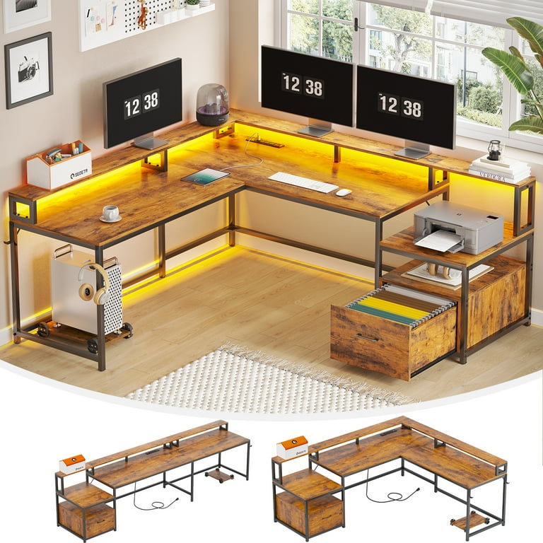 L Shaped Desk with Power Outlet and LED Lights Corner Computer Desk with File Drawer for Home Office Gaming Desk Rustic Brown