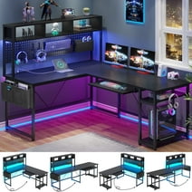 L Shaped Desk with Power Outlet and Pegboard,  Reversible Gaming Desk with LED Lights, 2 Person Corner Computer Desk for Home Office, Black