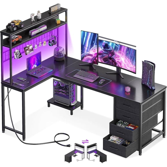 L-Shaped Desk with Power Outlets, LED Light Strip & Storage Drawers, 59 Inch Reversible Computer Table for Home Office, Black