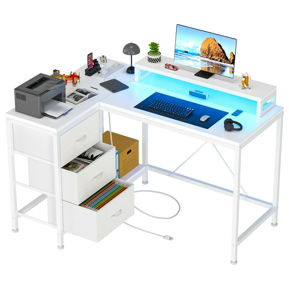 L Shaped Desk with Power Outlets & LED Lights, Computer Desk with Drawers & Shelves, Corner Desk Gaming Desk Home Office Desk