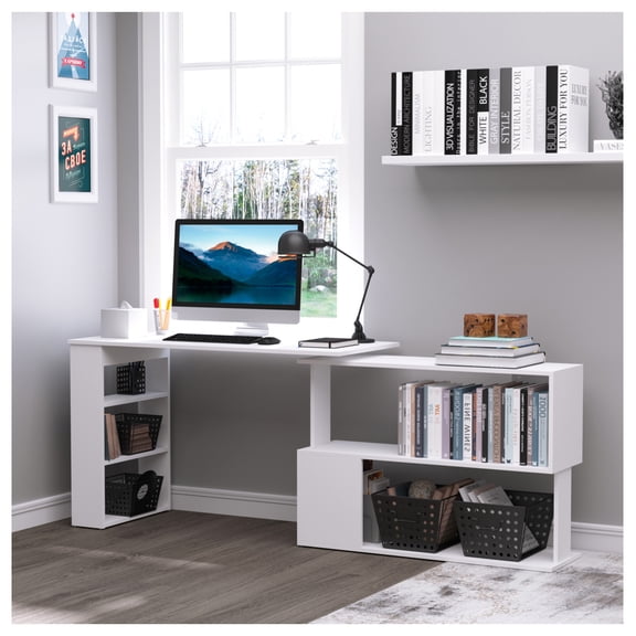 L Shaped Desk with Shelves 360 Rotating Computer Desk, Home Office Workstation, White Corner Desk with Storage