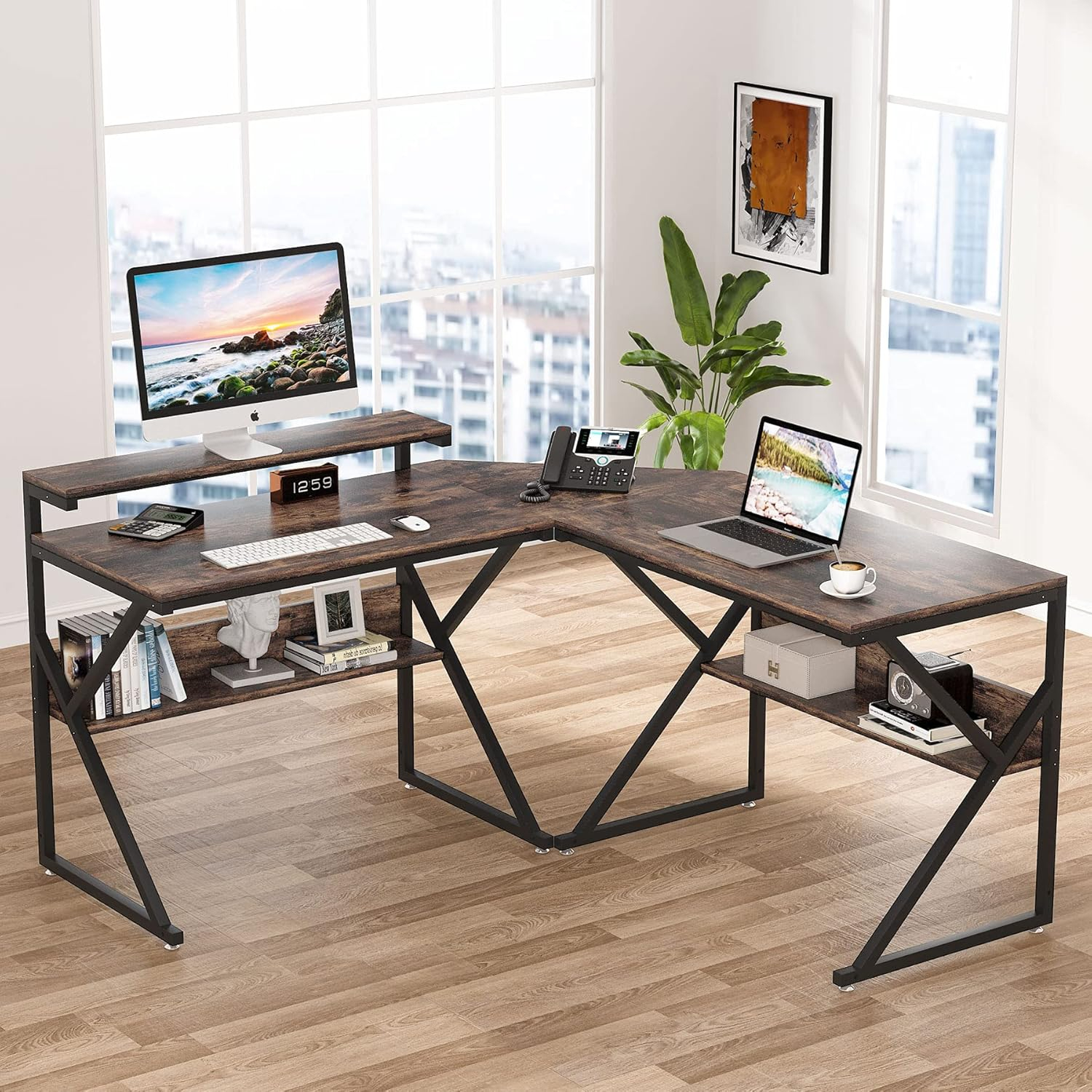L Shaped Desk with Shelves 63 inch Industrial Corner Computer Desk with