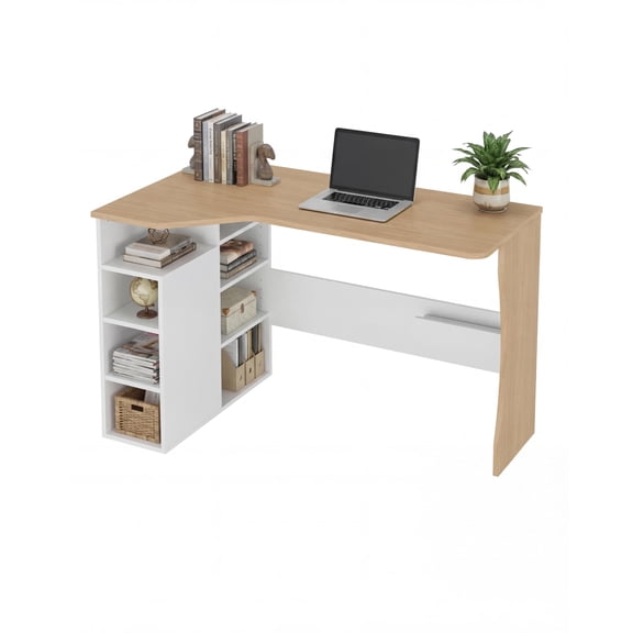 L Shaped Desk with Storage Shelves, Small Corner Desk for Small Spaces, Reversible Table with 6 Tier Shelves Oak