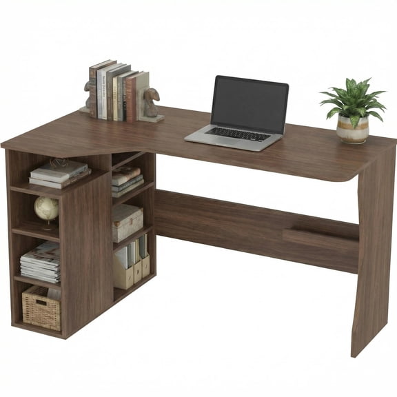 L Shaped Desk with Storage Shelves, Small Corner Desk for Small Spaces, Reversible Table with 6 Tier Shelves Walnut