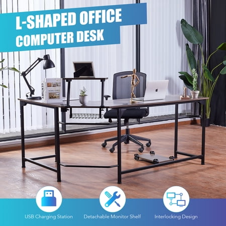 L Shaped Desk with USB Ports Computer Monitor Stand Cable Management Walnut