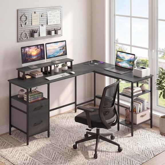 L Shaped Desk, with built-in power outlet, reversible design, integrated monitor stands, black finish
