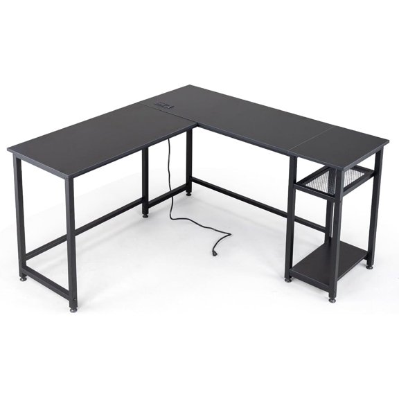 L-Shaped Desktop Computer Desk with Power Outlets & Shelf Tiger Black