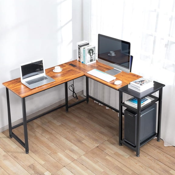 L-Shaped Desktop Computer Desk with Power Outlets & Shelf Tiger Wood