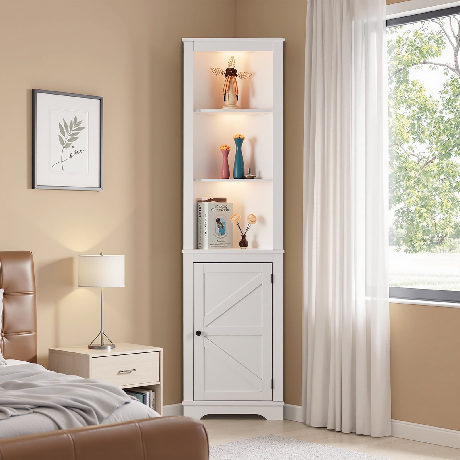 L-Shaped Display Cabinet 3-Layer With Single Door Double Z Shape Led Light Strip Front Curved Base Feet Triammine Board, 46*30*180cm