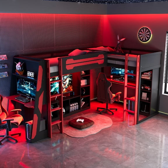 L-Shaped Dual Twin Size Loft Bed Frame with Power Outlet and TV Stand, Wooden Gaming Bed Frame with Storage Shelves and RGB LED Lights, Reversible Layout, Space-Saving, Mattress Not Included, Red