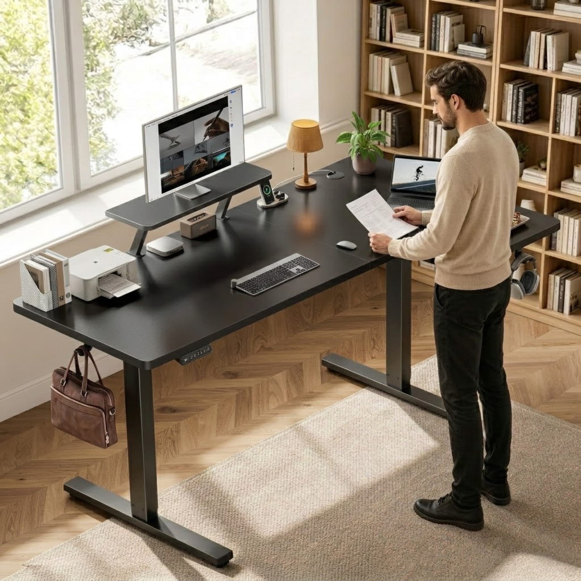 L-Shaped Electric Standing Desk, Adjustable Height Corner Desk with Memory Controller, Heavy-Duty Steel Frame, Quiet Motor, 200 lb Capacity