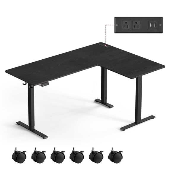 L-Shaped Electric Standing Desk, Corner Desk with Power Outlets, Adjustable Height, Black