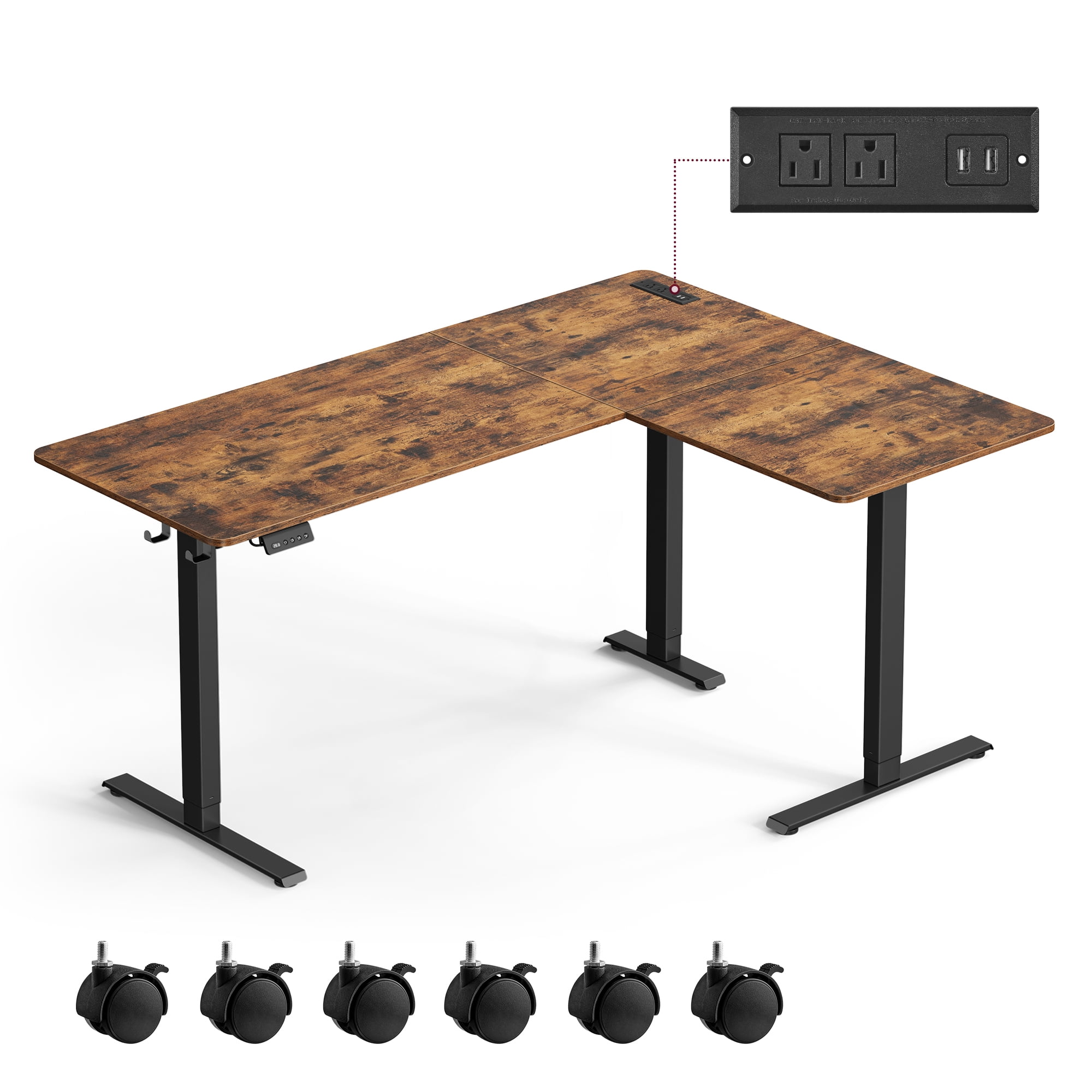 L-Shaped Electric Standing Desk, Corner Desk with Power Outlets, Adjustable Height, Brown
