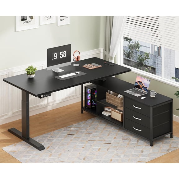 L Shaped Electric Standing Desk with Drawers & Shelves, Height Adjustable Corner Computer Desk with Power Outlets, 55 Inch Sit Stand Executive Desk with Storage for Home Office, Black
