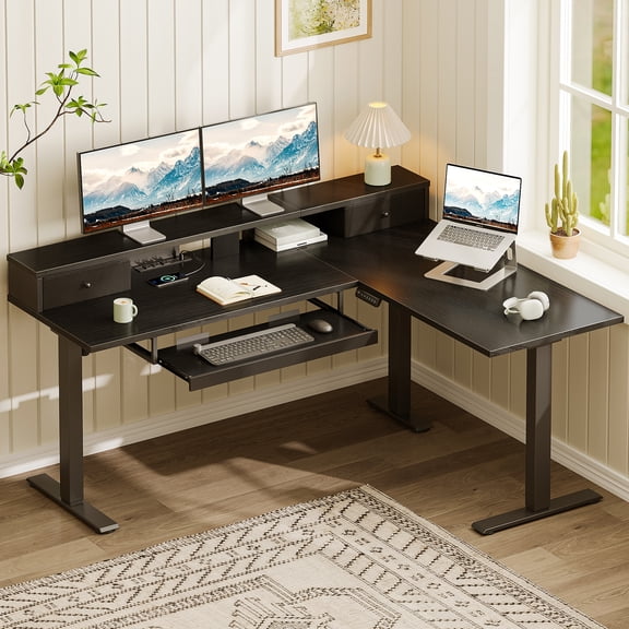 L-Shaped Electric Standing Desk, Height Adjustable Corner Desk with Drawers, Computer Desk with Monitor Shelf & Keyboard Tray, 3 Power Outlets & 2 USB Ports, Black