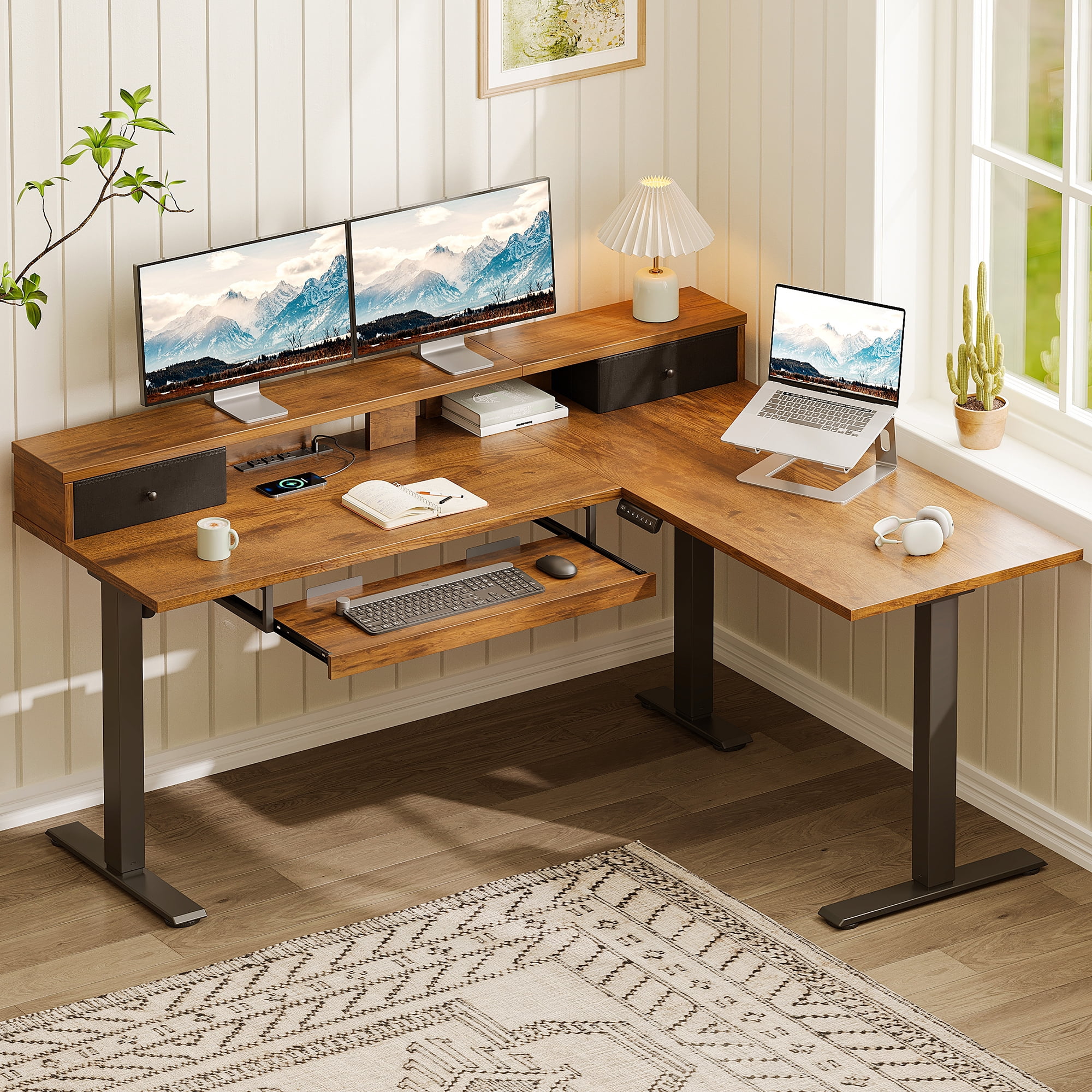 L-Shaped Electric Standing Desk, Height Adjustable Corner Desk with Fabric Drawers, Computer Desk with Monitor Shelf & Keyboard Tray, 3 Power Outlets & 2 USB Ports, Black
