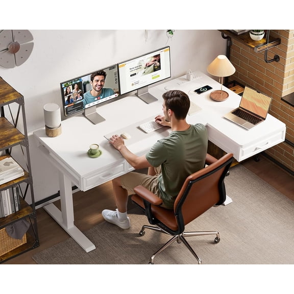 L Shaped Electric Standing Desk with Wooden Drawers, 55 Inch Height Adjustable Corner Workstation with Power Outlets, Sit Stand Table for Home Office White