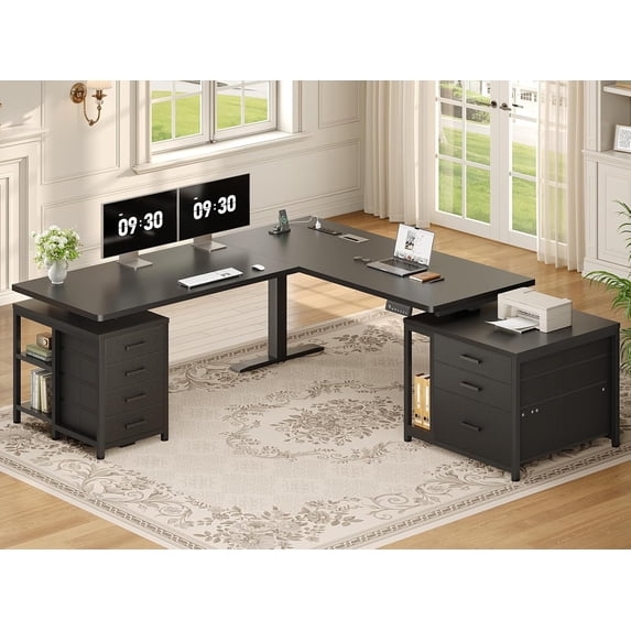 L Shaped Electric Standing Desk with 7 Drawers and Storage Shelves, 63" Height Adjustable Computer Desk for Home Office
