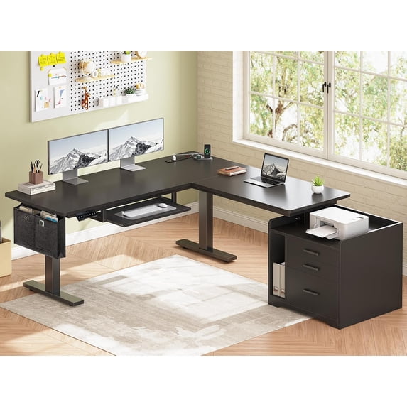 L Shaped Electric Standing Desk with File Cabinet, Height Adjustable Computer Desk, Modern Home Office Desk