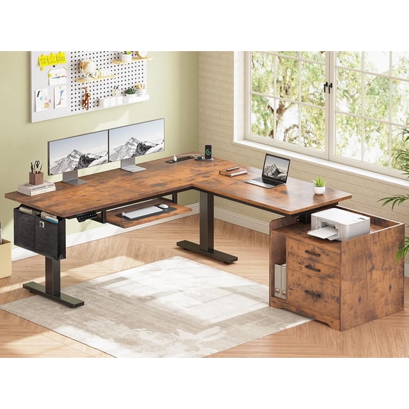 L Shaped Electric Standing Desk with File Cabinet, Height Adjustable Computer Desk, Modern Home Office Desk