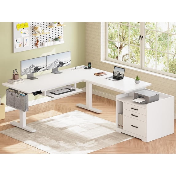 L Shaped Electric Standing Desk with File Cabinet, Height Adjustable Computer Desk, Modern Home Office Desk