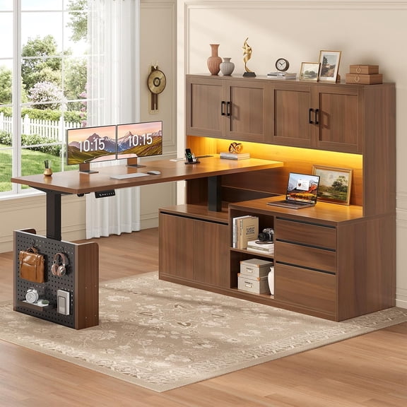 L Shaped Electric Standing Desk with Hutch, Adjustable Height Computer Desk with 3 Drawers and Storage Shelves