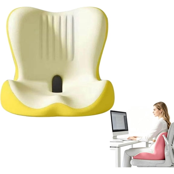 L-Shaped Ergonomic Memory Foam Seat Cushion, 2-in-1 Back & Seat Cushion with Lumbar Support, Non-Slip Breathable Posture Support Cushion for Office Car Driving (Yellow)