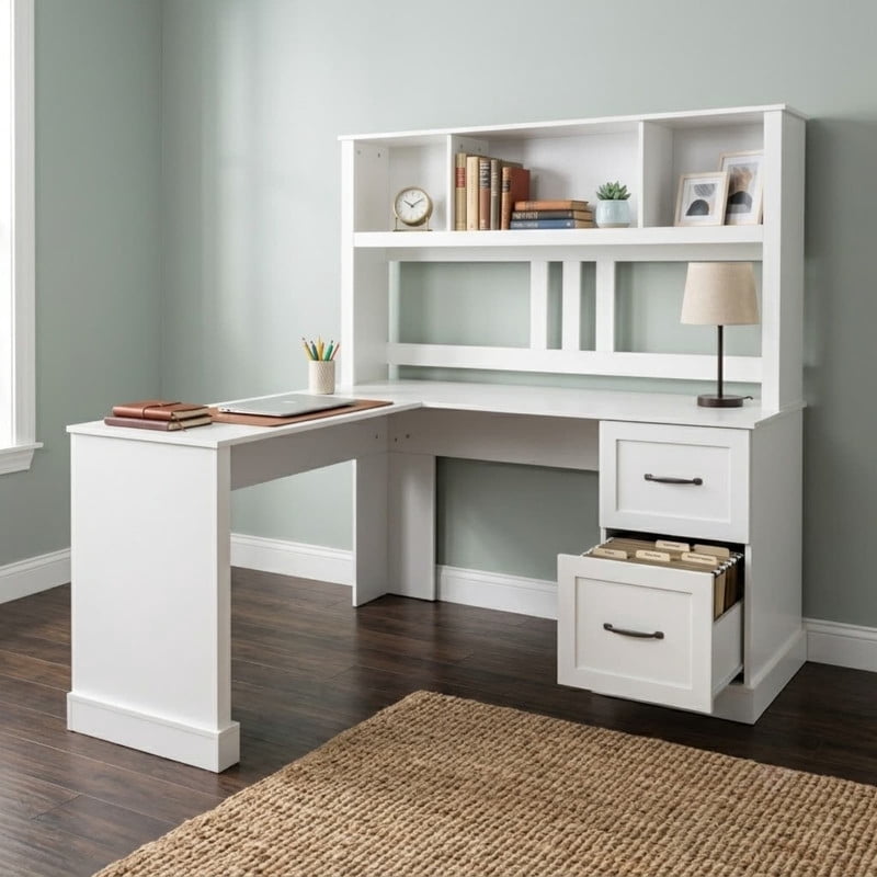 L-Shaped Executive Computer Desk with Hutch, 59.84'' Office Desk Work Desk with 2 Drawers and Storage Shelf for Home Office