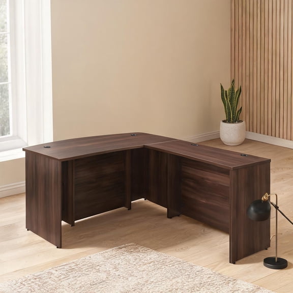 L-Shaped Executive Desk Combo with Bowfront, Brown Finish, 72x84 Inches, Modern Workspace Solution