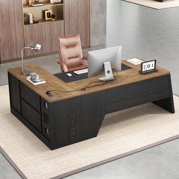 L-Shaped Executive Desk with Drawer, Large Modern Home Office Desk with Cord Hold and Power Outlet, Big Wooden Business Furniture with Lateral File Cabinet for CEO Boss, Oak Black