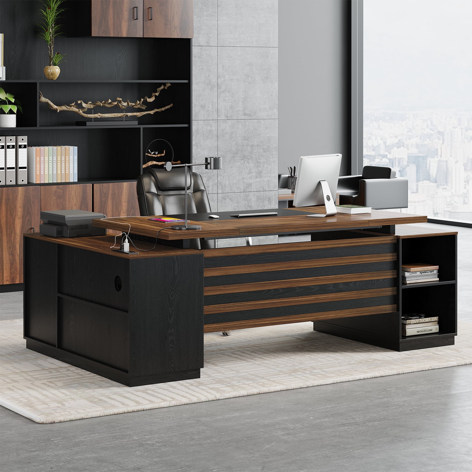 L-Shaped Executive Desk with Drawers, 78-Inch Large Office Desk with Power Outlet and Lateral File Cabinet, Modern Computer Table with Open Shelf and Storage Cabinet for Home, Brown Black