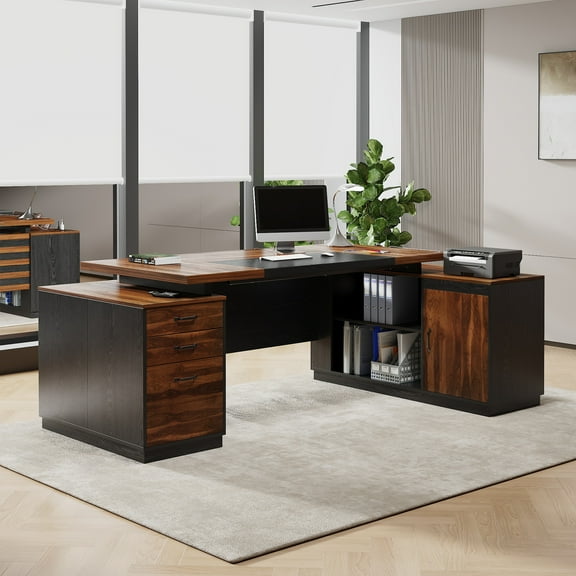 L-Shaped Executive Desk with Drawers, 78-Inch Large Office Desk with Power Outlet and Lateral File Cabinet, Modern Computer Table with Open Shelf and Storage Cabinet for Home, Brown Black