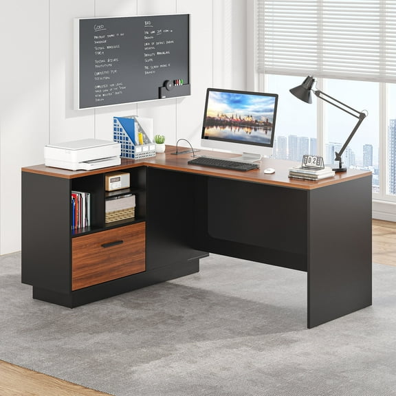 L-Shaped Executive Desk with LED Light& Power Outfit, Wooden Office Desk with Storage Shelves and Drawers, Writing Desk for Office Living Room, Oak Color