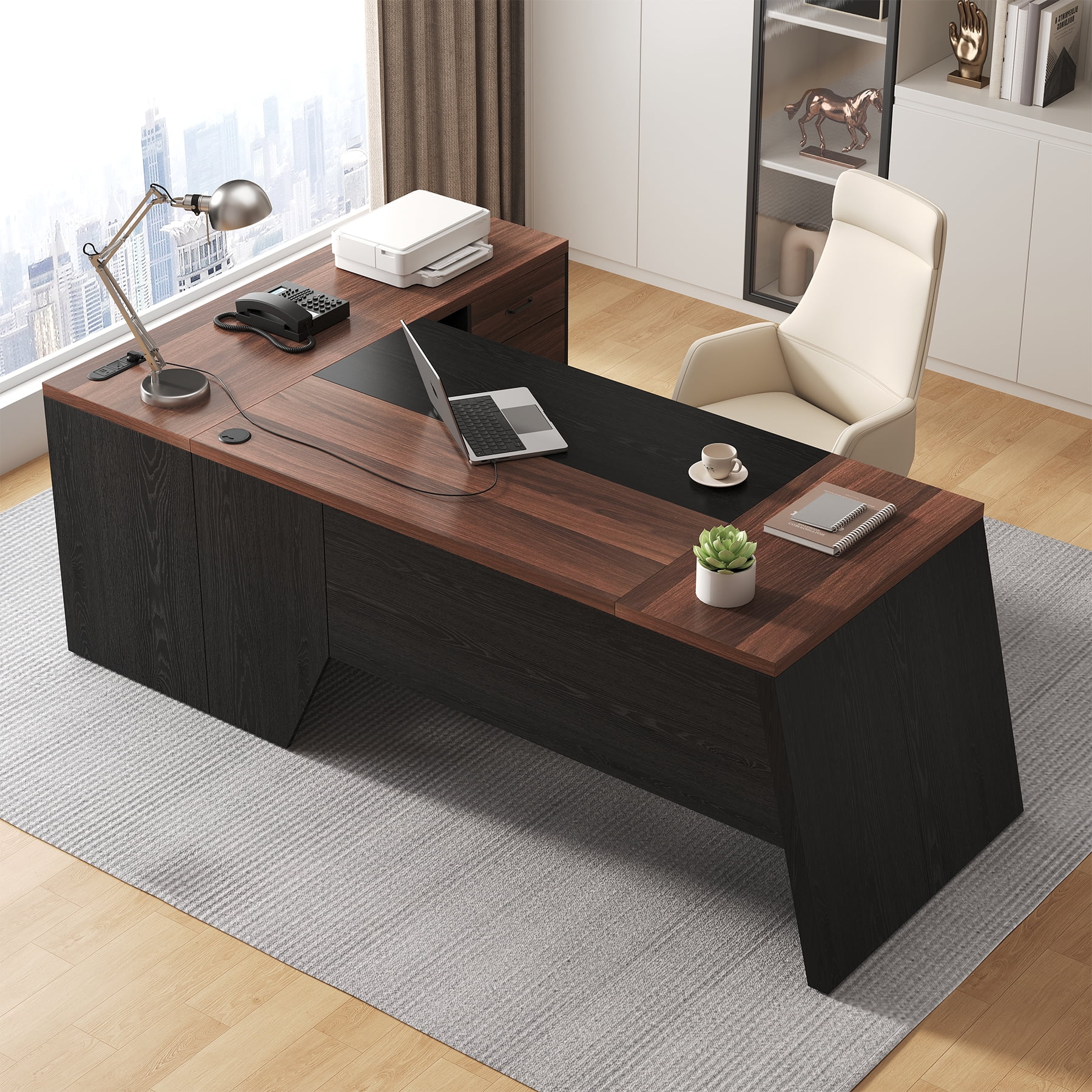 L-Shaped Executive Desk with Power Outlet, 78-Inch Large Office Desk with Storage Drawer and Lateral File Cabinet, Modern Computer Table with Open Shelf and PC Stand for Study, Brown Black