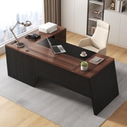L-Shaped Executive Desk with Power Outlet, 78-Inch Large Office Desk with Storage Drawer and Lateral File Cabinet, Modern Computer Table with Open Shelf and PC Stand for Study, Brown Black