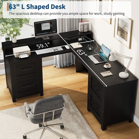 L-Shaped Executive Desk with Power Outlets, 63" Corner Computer Desk with 4 Drawers and Monitor Stand for Home Office, White+Brown/Natural/White+Black