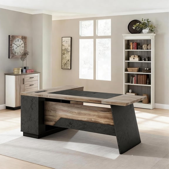 Vivvoo 78inch L-Shaped Executive Desk with Right Return Cabinet Built-In Outlet