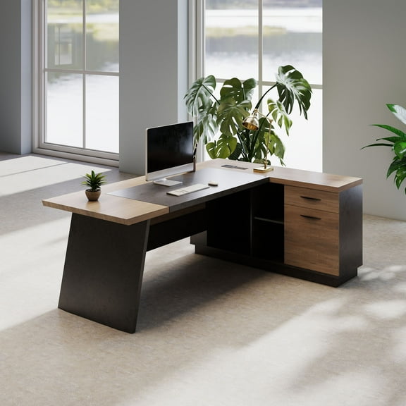78inch L-Shaped Executive Desk with Right  Return Cabinet Built-In Outlet